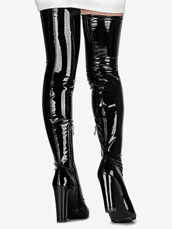 サイハイ ブーツ チャンキー ヒール ポインテッドトゥ PU レザー 女性