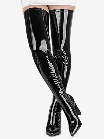 サイハイ ブーツ チャンキー ヒール ポインテッドトゥ PU レザー 女性