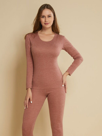 ホームウェアセット 保温下着 ライトグレー ジュエルネック 長袖 冬用 ポリエステル 室内用トップスとパンツ