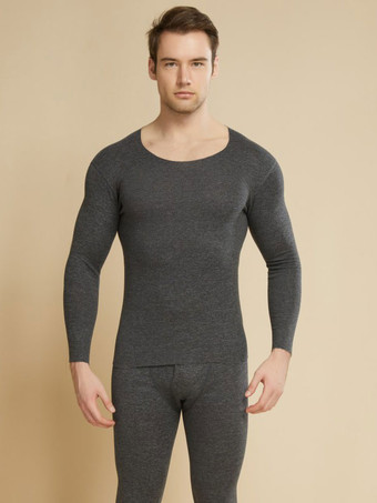 ダークグレー ホームウェアセット 保温下着 ライトグレー ジュエルネック 長袖 冬用 ポリエステル 室内用トップスとパンツ