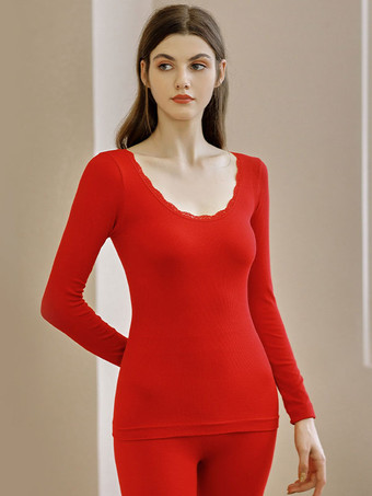 レッド ホームウェアセットサーマルアンダーウェアゴールドジュエルネックロングスリーブウィンターコットンインドアトップスとパンツ