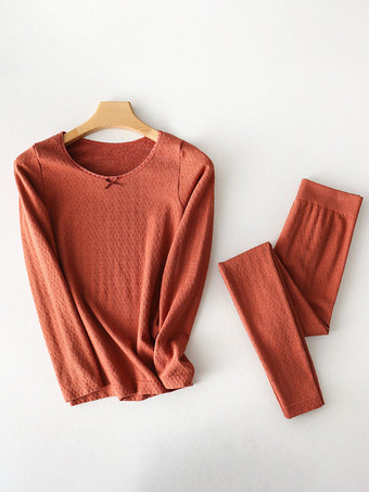 ホームウェアセット 保温下着 ダークレッド ジュエルネック 長袖 冬 リボン ポリエステル デイリー カジュアル トップスとパンツ