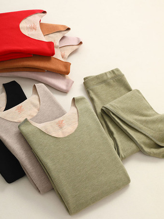 ホームウェアセット サーマルアンダーウェア オレンジ ジュエルネック ロングスリーブ 冬用 アクリル 屋内用トップスとパンツ