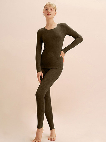 ブラウン ホームウェアセット サーマルアンダーウェア オレンジ ジュエルネック ロングスリーブ 冬用 アクリル 屋内用トップスとパンツ