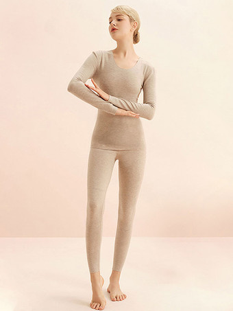 グレイホームウェアセット サーマルアンダーウェア オレンジ ジュエルネック ロングスリーブ 冬用 アクリル 屋内用トップスとパンツ