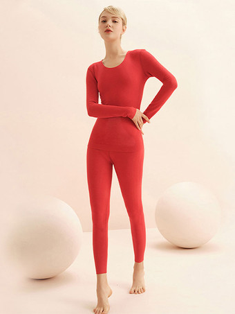 レッド ホームウェアセット サーマルアンダーウェア オレンジ ジュエルネック ロングスリーブ 冬用 アクリル 屋内用トップスとパンツ