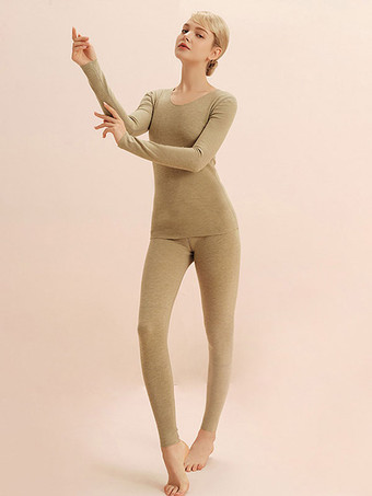 グリーン ホームウェアセット サーマルアンダーウェア オレンジ ジュエルネック ロングスリーブ 冬用 アクリル 屋内用トップスとパンツ