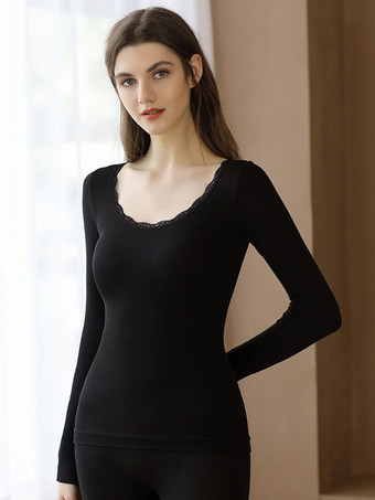 ブラック ホームウェアセットサーマルアンダーウェアゴールドジュエルネックロングスリーブウィンターコットンインドアトップスとパンツ