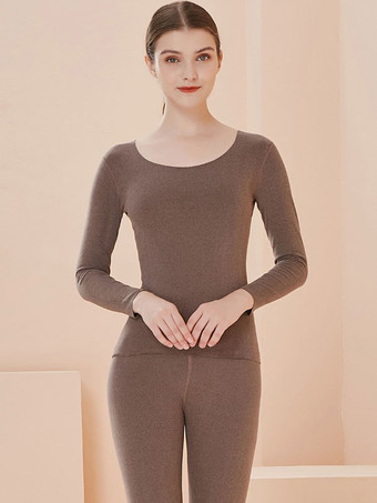 Coffee BrownHome Wear Sets Thermal Underwear Black Winter Jewel Neck Long Sleeves Solid Indoor Tops And Pants