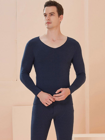 Dark NavyHome Wear Sets Thermal Underwear Black Winter Jewel Neck Long Sleeves Solid Indoor Tops And Pants
