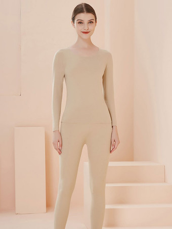 NudeHome Wear Sets Thermal Underwear Black Winter Jewel Neck Long Sleeves Solid Indoor Tops And Pants