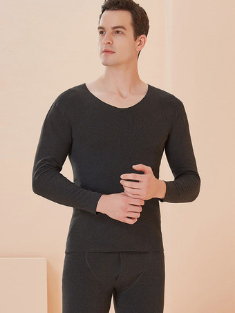 Deep GrayHome Wear Sets Thermal Underwear Black Winter Jewel Neck Long Sleeves Solid Indoor Tops And Pants