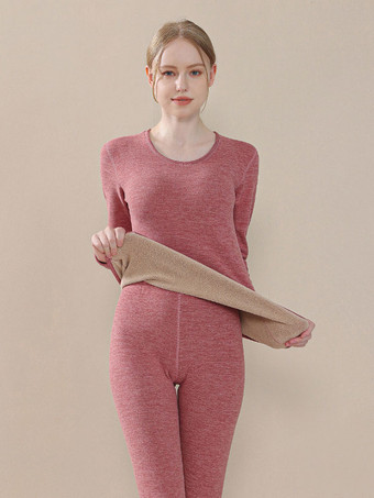 ホームウェアセット 保温下着 カメオ ピンク 冬 ジュエルネック 長袖 カジュアル インドア ポリエステル トップスとパンツ