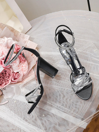 女性用ウェディングシューズ PUレザー ブラック オープントゥ ラインストーン チャンキーヒール ブライダルシューズ