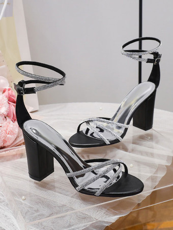 女性用ウェディングシューズ PUレザー ブラック オープントゥ ラインストーン チャンキーヒール ブライダルシューズ