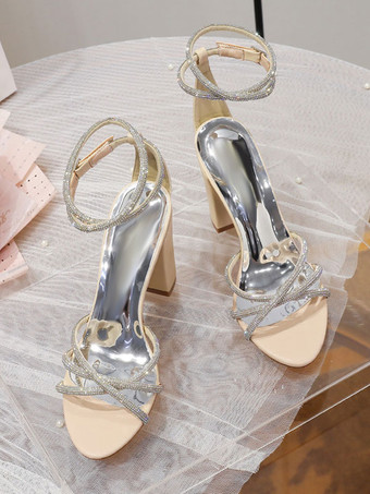 女性用ウェディングシューズ PUレザー ブラック オープントゥ ラインストーン チャンキーヒール ブライダルシューズ