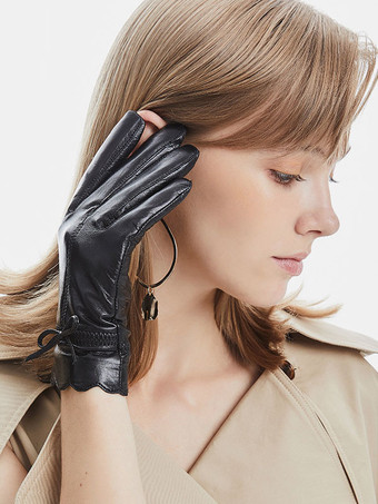 弓の女性は女性のための暖かい加熱された冬の革の防水ショートグローブを温めます