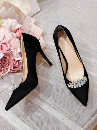 ブラック 女性用ブライダルシューズ サテン ライトスカイブルー ポインテッドトゥ ラインストーン スティレットヒール ブライダルシューズ