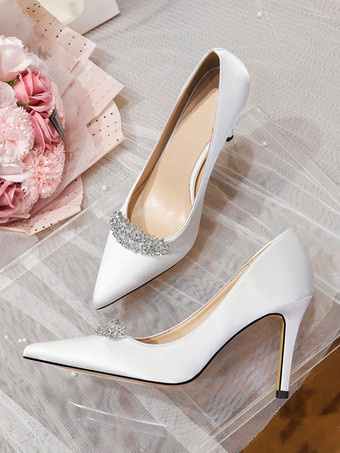 女性用ブライダルシューズ サテン ライトスカイブルー ポインテッドトゥ ラインストーン スティレットヒール ブライダルシューズ