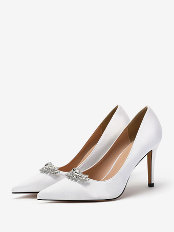 ホワイト 女性用ブライダルシューズ サテン ライトスカイブルー ポインテッドトゥ ラインストーン スティレットヒール ブライダルシューズ