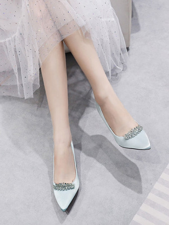 女性用ブライダルシューズ サテン ライトスカイブルー ポインテッドトゥ ラインストーン スティレットヒール ブライダルシューズ