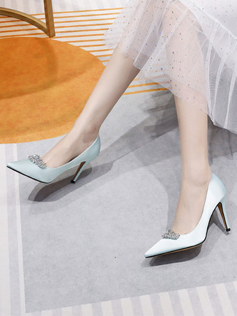 女性用ブライダルシューズ サテン ライトスカイブルー ポインテッドトゥ ラインストーン スティレットヒール ブライダルシューズ