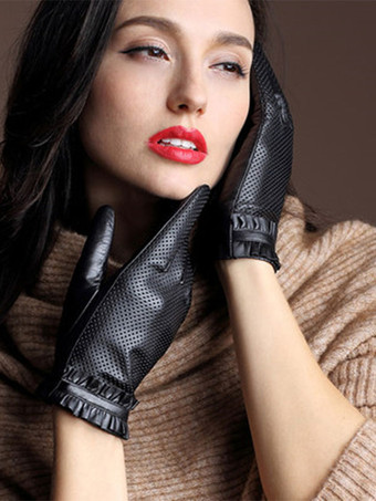 Ruffles Ladies Winter PU Leather Waterproof Short Gloves For Fall Winter