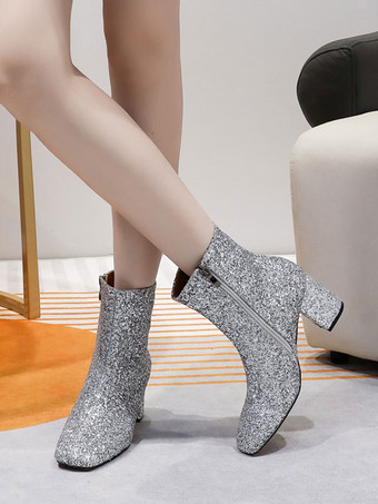 レディース スパンコール スパンコール クロス スクエアトゥ チャンキーヒール アンクルブーツ