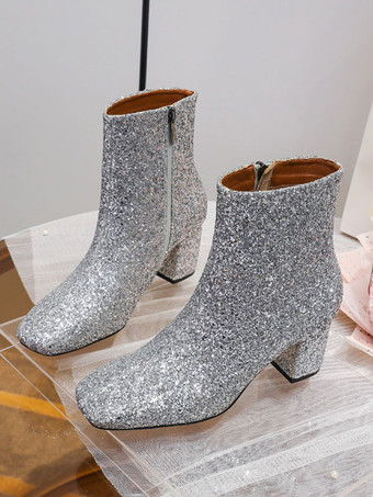 レディース スパンコール スパンコール クロス スクエアトゥ チャンキーヒール アンクルブーツ