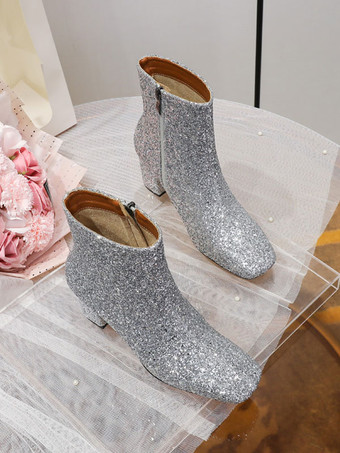 レディース スパンコール スパンコール クロス スクエアトゥ チャンキーヒール アンクルブーツ