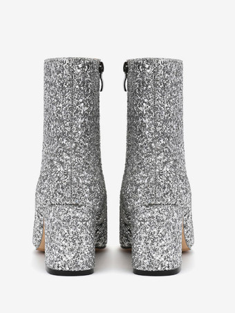 レディース スパンコール スパンコール クロス スクエアトゥ チャンキーヒール アンクルブーツ