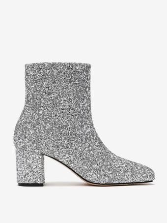 レディース スパンコール スパンコール クロス スクエアトゥ チャンキーヒール アンクルブーツ