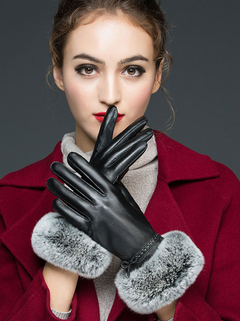 Guanti corti impermeabili in pelle invernale riscaldati da donna con decorazioni in pelliccia sintetica