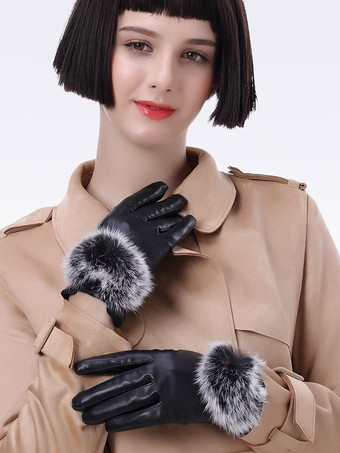 Faux Fur Decor Ladies Warm Heated Winter Leather Waterproof Short Gloves For Women