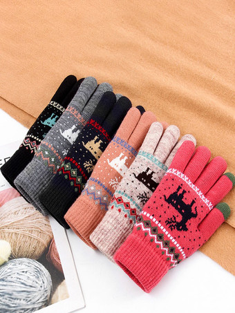 Christmas Decor Printed Short Ladies Warm Heated Winter Short Gloves For Women