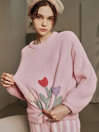 Home Wear 2 piezas Cuello joya Manga larga Bloque de color Poliéster Mujer Invierno Cálido Loungewear