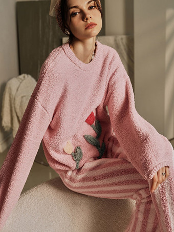 Home Wear 2 piezas Cuello joya Manga larga Bloque de color Poliéster Mujer Invierno Cálido Loungewear