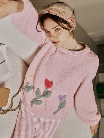 Home Wear 2 piezas Cuello joya Manga larga Bloque de color Poliéster Mujer Invierno Cálido Loungewear