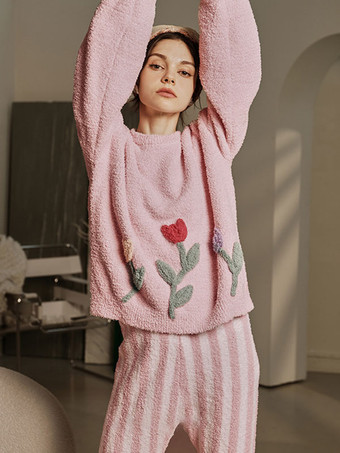 Home Wear 2 piezas Cuello joya Manga larga Bloque de color Poliéster Mujer Invierno Cálido Loungewear