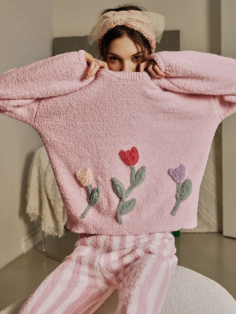 Home Wear 2 piezas Cuello joya Manga larga Bloque de color Poliéster Mujer Invierno Cálido Loungewear