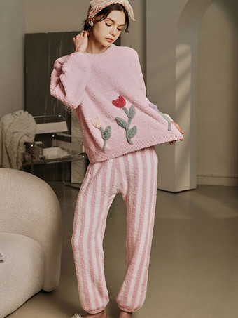 Home Wear 2 piezas Cuello joya Manga larga Bloque de color Poliéster Mujer Invierno Cálido Loungewear