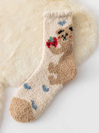 Light Brown Bear Pattern High Quality Fluffy Knit Winter Thick Warm Cozy Fuzzy Calcetines Felpa Floor Invierno Women Socks