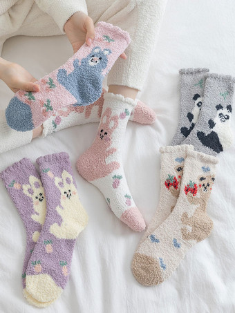 ライトヒグマ柄高品質ふわふわニット冬厚手暖かいコージーファジー Calcetines Felpa フロア Invierno 女性靴下
