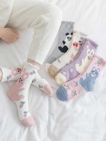 ライトヒグマ柄高品質ふわふわニット冬厚手暖かいコージーファジー Calcetines Felpa フロア Invierno 女性靴下