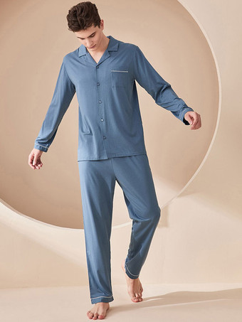 ブルー ホームウェア 2ピース ターンダウンカラー 長袖 コットン レディース 冬 暖かい 部屋着