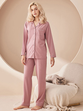 ピンクホームウェア 2ピース ターンダウンカラー 長袖 コットン レディース 冬 暖かい 部屋着