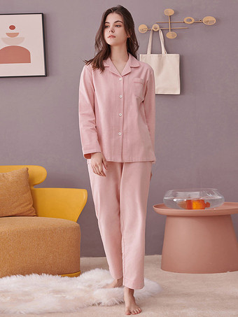 ピンクホームウェア 2ピース ターンダウンカラー 長袖 コットン レディース 冬 暖かい 部屋着