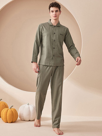 グリーン ホームウェア 2 ピース ターンダウン カラー長袖ストライプ服純粋な綿の女性の冬暖かい部屋着