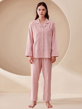 ホームウェア 2 ピース ターンダウン カラー長袖ストライプ服純粋な綿の女性の冬暖かい部屋着