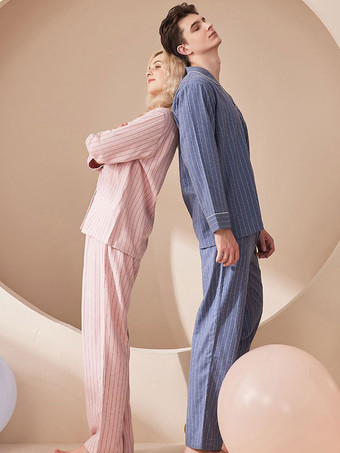 ホームウェア 2 ピース ターンダウン カラー長袖ストライプ服純粋な綿の女性の冬暖かい部屋着